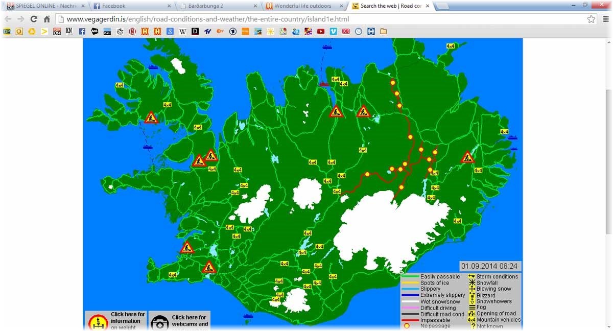 Island, Screenshot der Vegagerdin-Straßenzustandsberichte